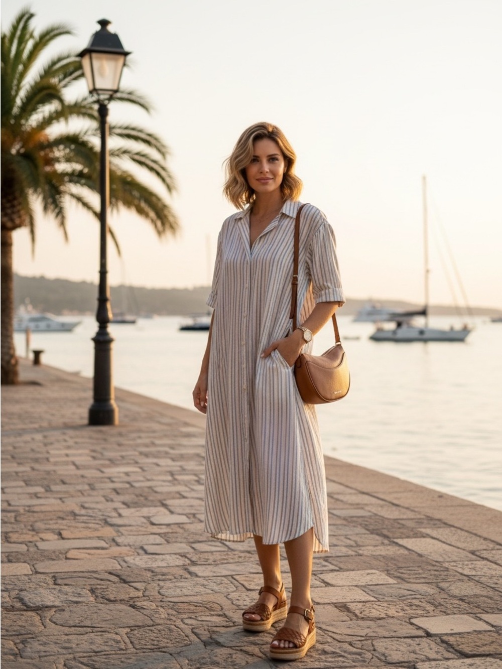 Universal Thread Striped Shirt Midi Dress in Cream and Tan